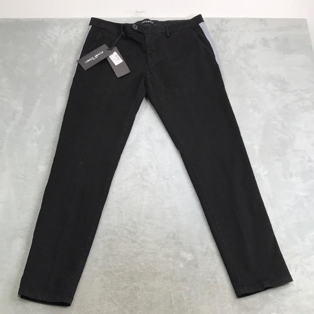 Frankie Morello Black Casual Cotton Pants with Reflective Stripe Size US 34 New